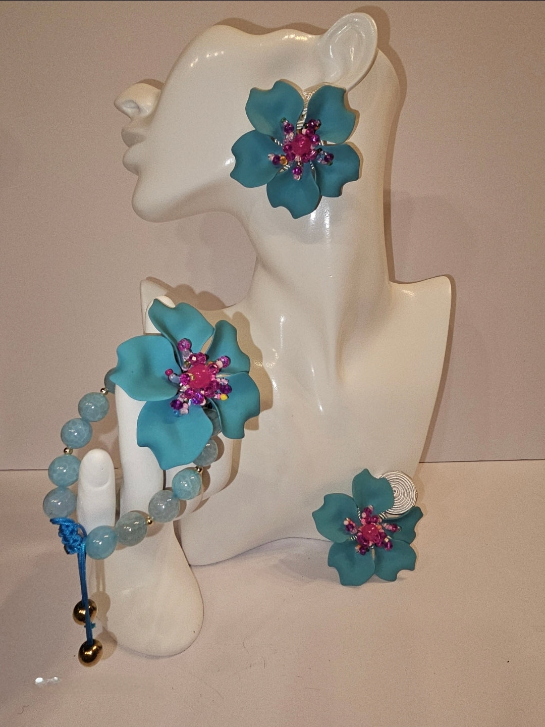 aretes con pulsera de cuarzo azul