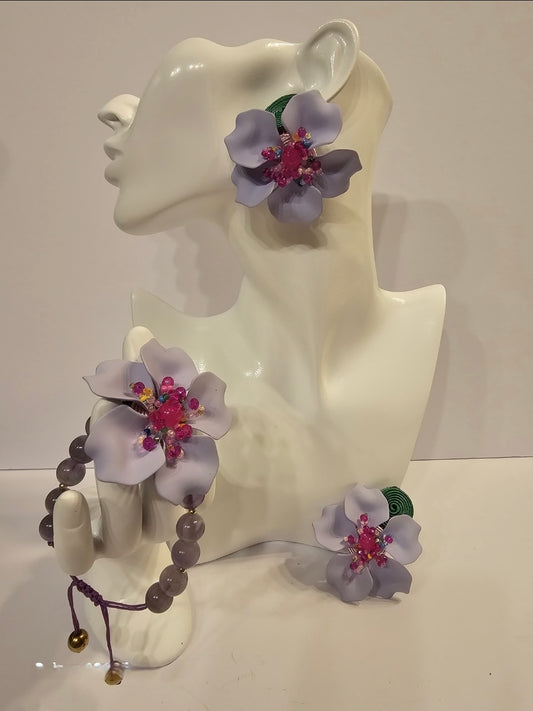 aretes con pulsera de cuarso morado purpura